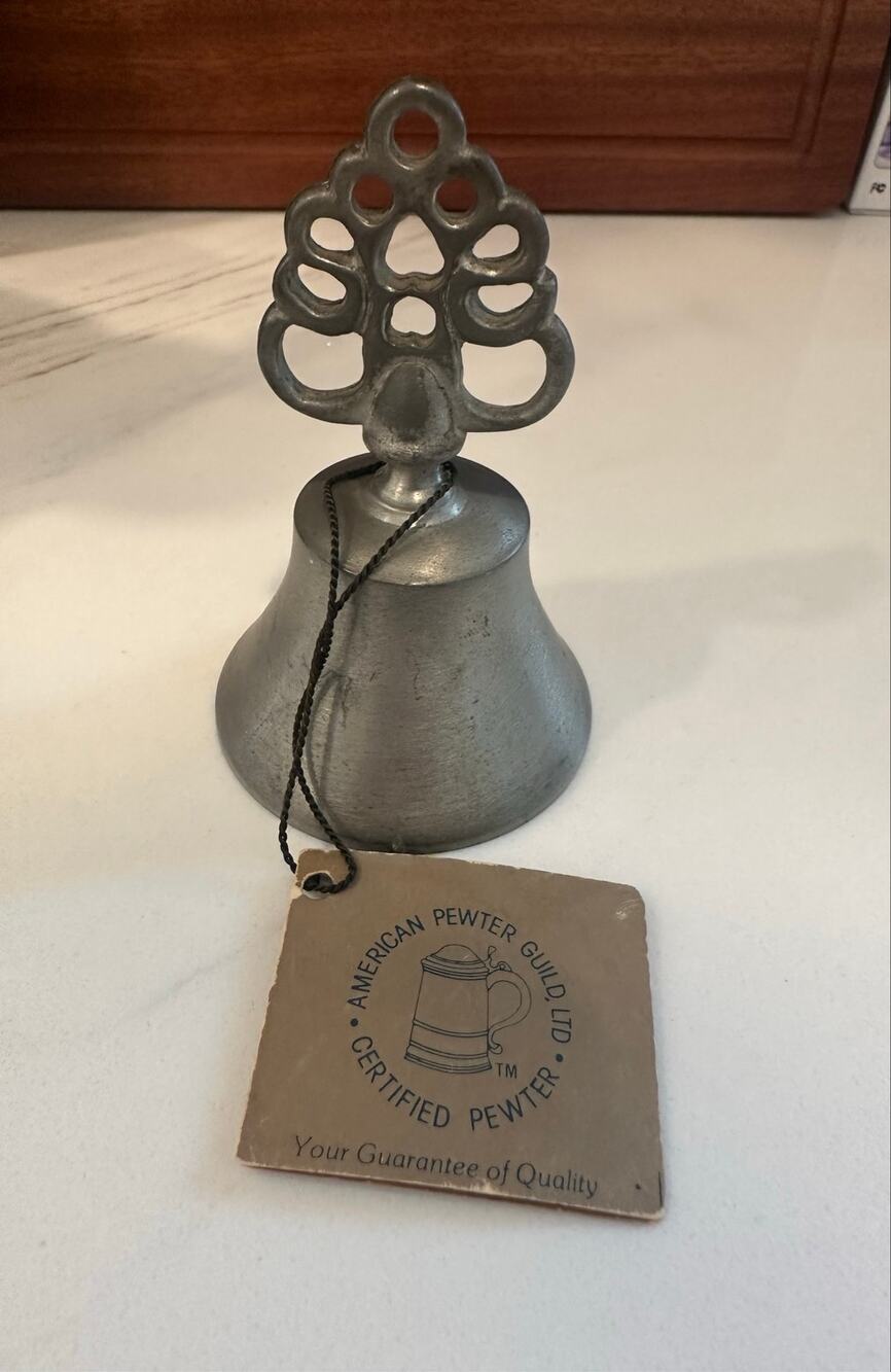 Vintage Woodbury Pewter Hand Bell 3.5" American Pewter Guild Tag - Made in USA